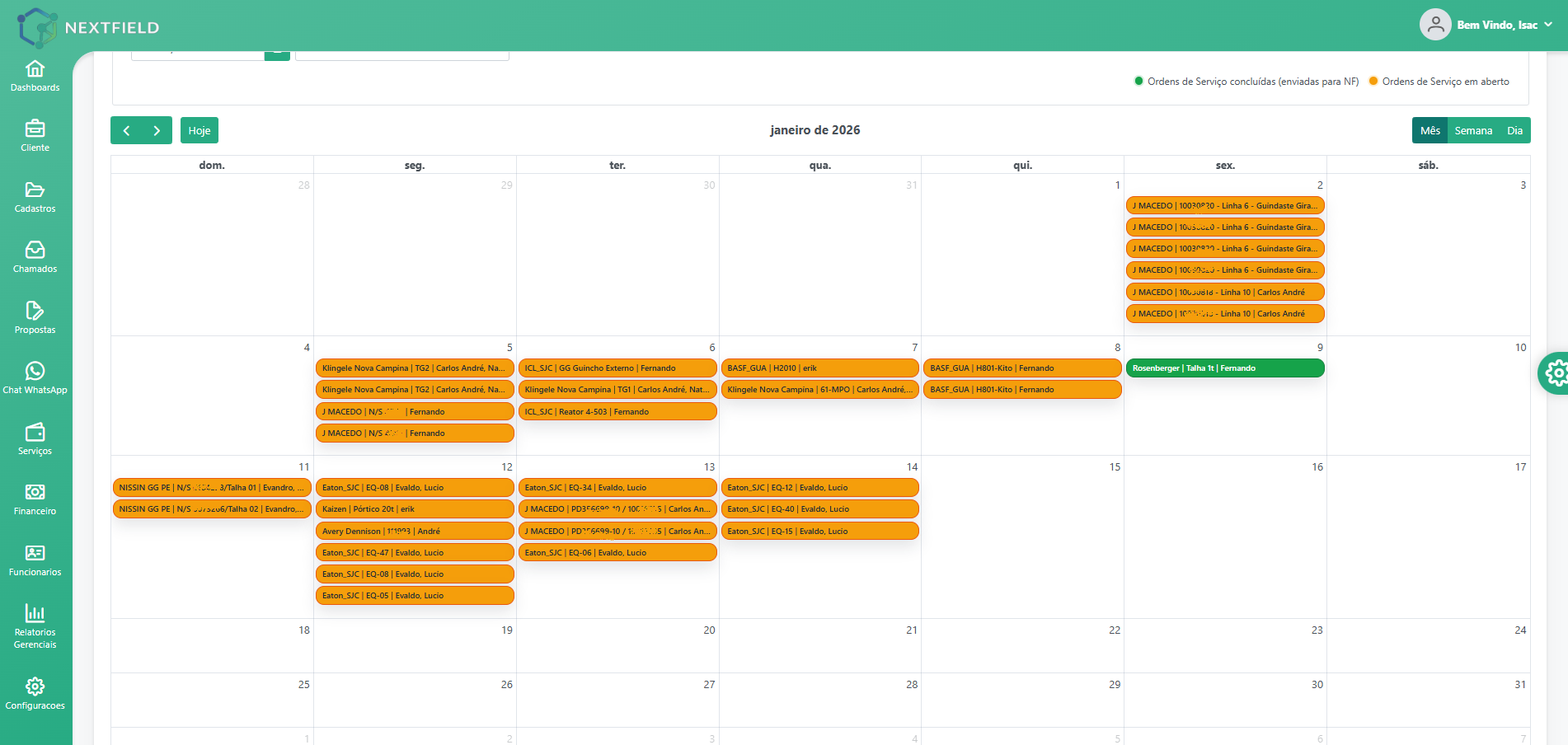 Agenda real NextField com atendimentos distribuídos por data, equipamento e técnico