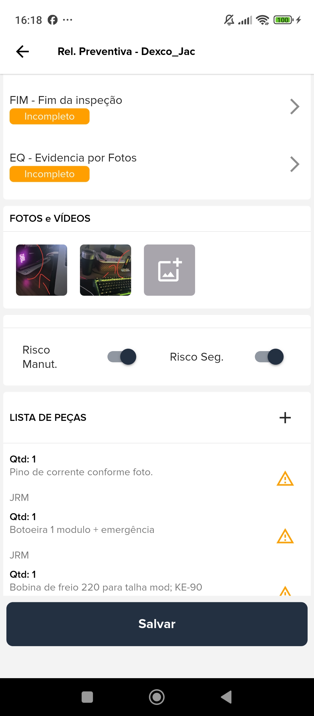 Checklist de relatório preventivo sendo preenchido no aplicativo NextField