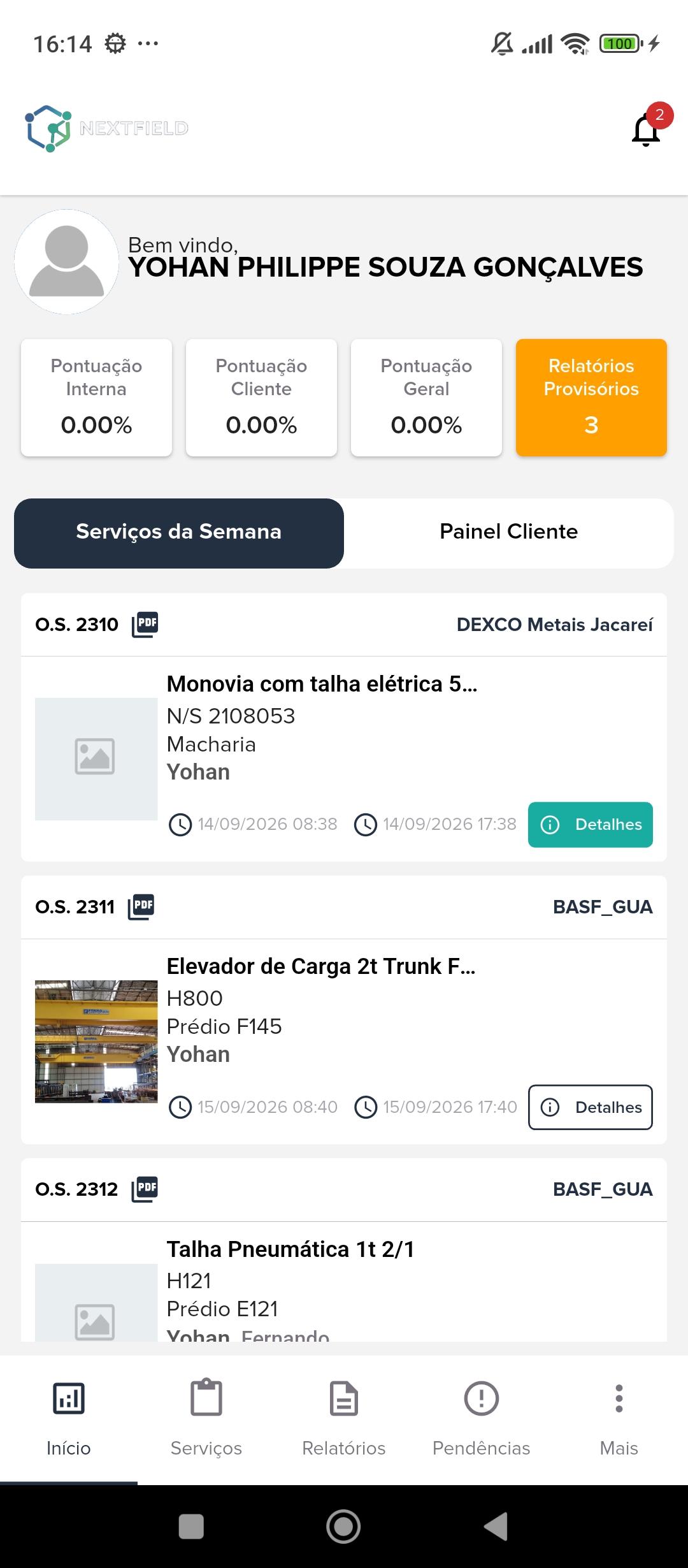 Aplicativo NextField mostrando agenda semanal e ordens de serviço para o técnico de campo
