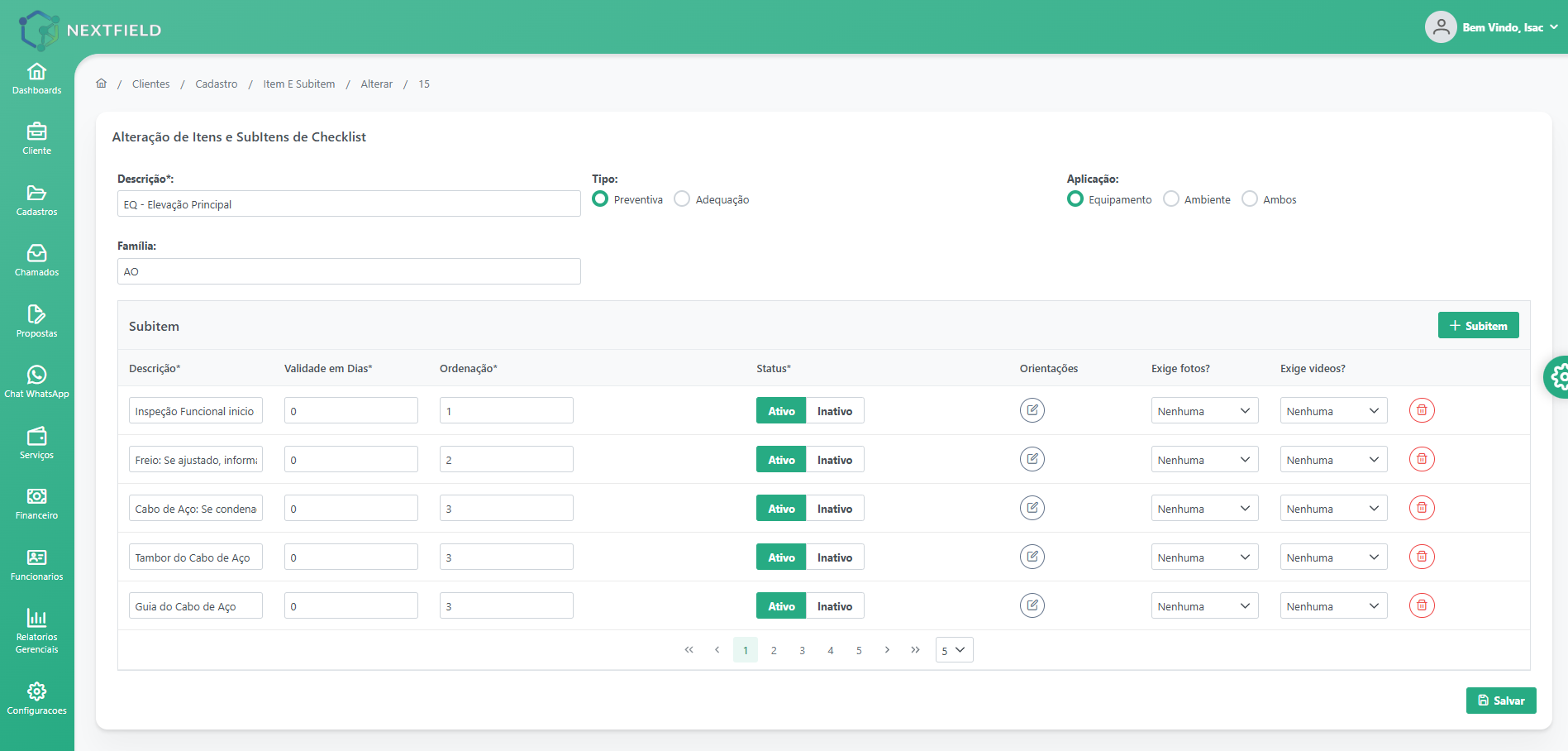Configuração real de checklist NextField com tipo Adequação, subitens, orientações e exigências de evidências