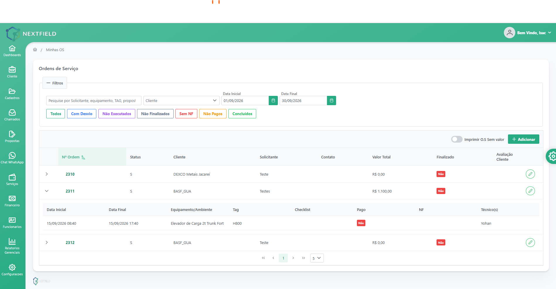 Tela real de O.S. NextField com cliente, equipamento, técnico, datas e situação de conclusão