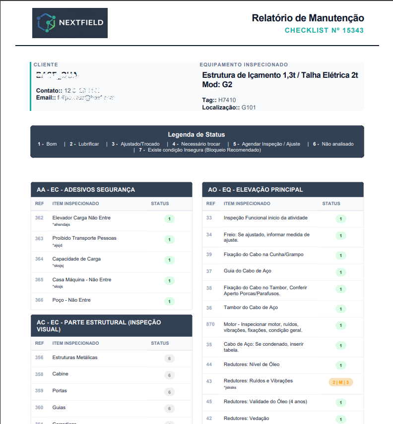 Exemplo real de PDF NextField com identificação do equipamento, itens inspecionados e status