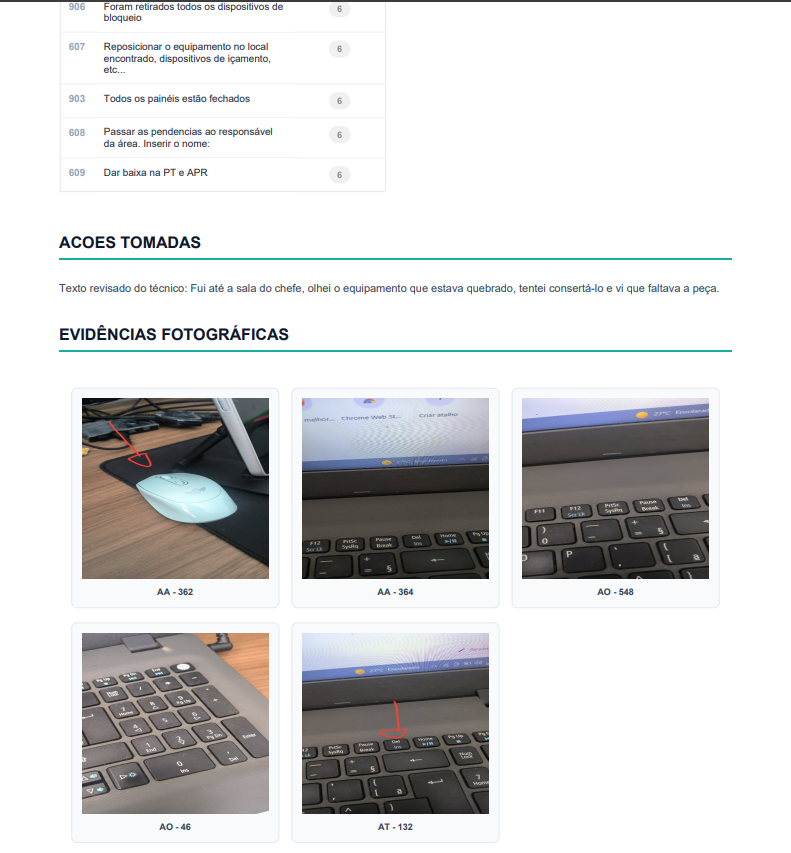 Exemplo real de relatório com ações tomadas e evidências fotográficas por item